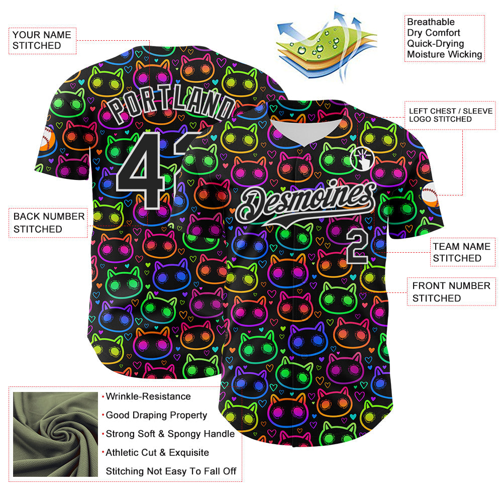 Custom Black White 3D Pattern Design Rave Psychedelic Neon Cartoon Cat Authentic Baseball Jersey view 3