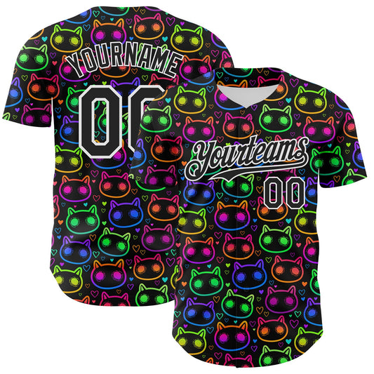 Custom Black White 3D Pattern Design Rave Psychedelic Neon Cartoon Cat Authentic Baseball Jersey - Main View