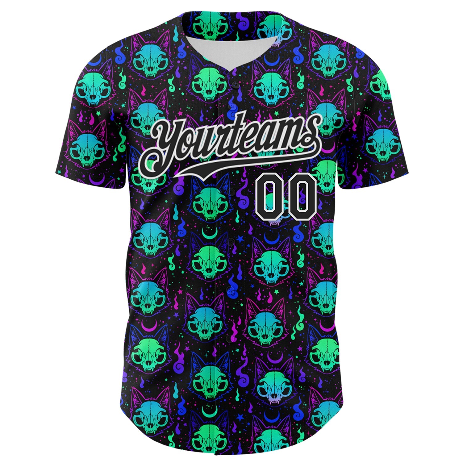 Custom Black White 3D Pattern Design Rave Psychedelic Neon Cat Skull Authentic Baseball Jersey view 2