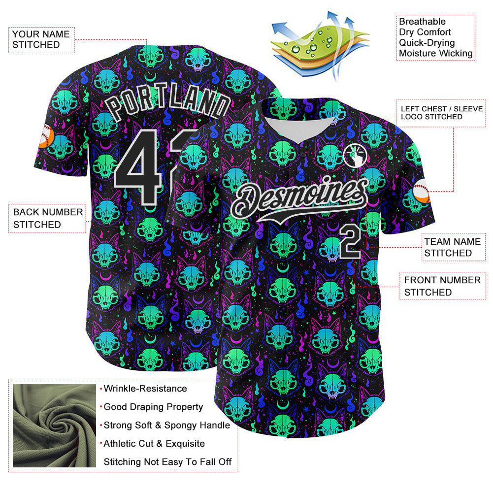 Custom Black White 3D Pattern Design Rave Psychedelic Neon Cat Skull Authentic Baseball Jersey view 3