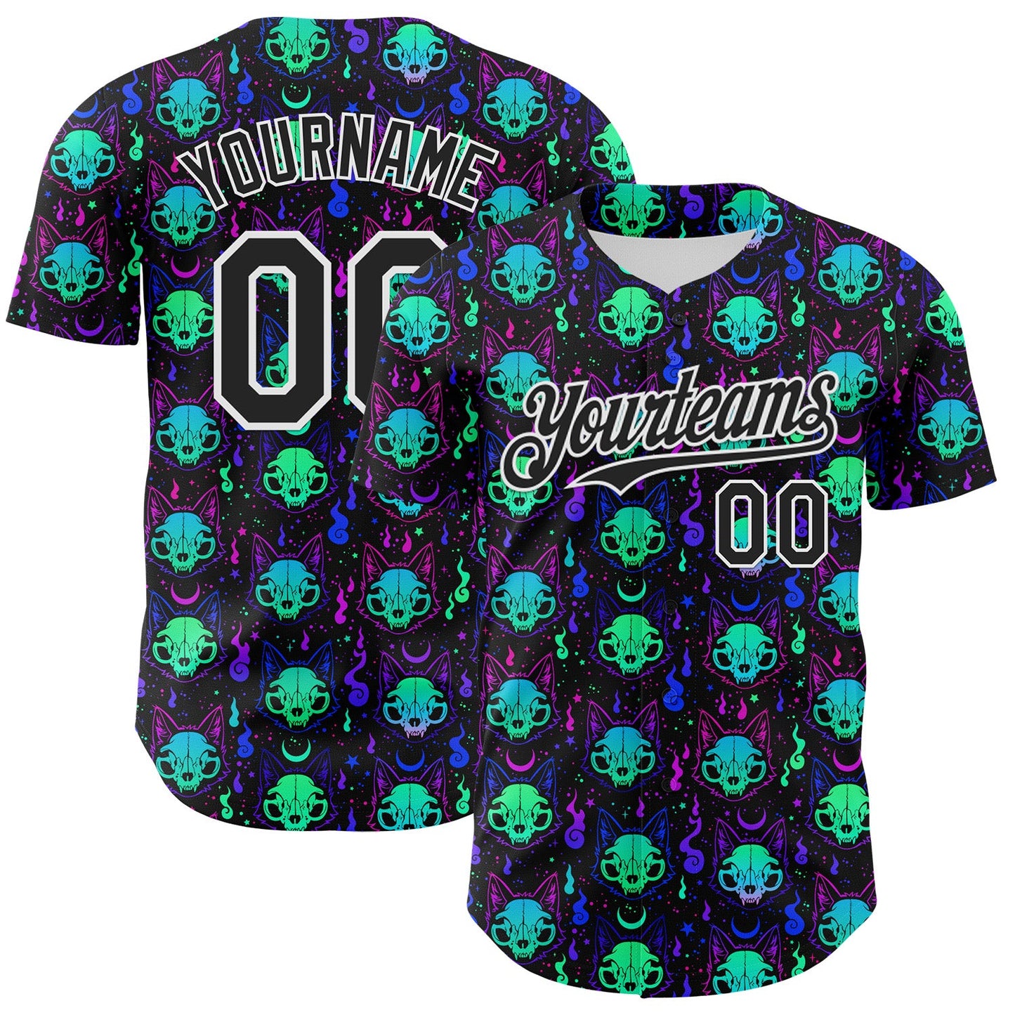 Custom Black White 3D Pattern Design Rave Psychedelic Neon Cat Skull Authentic Baseball Jersey - Main View