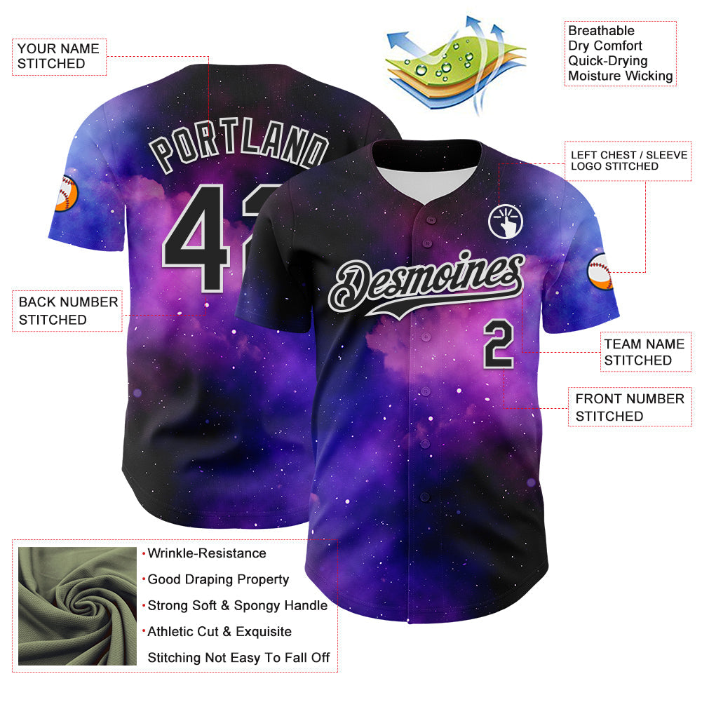 Custom Black White 3D Pattern Design Rave Psychedelic Space Galaxy Star Authentic Baseball Jersey view 3