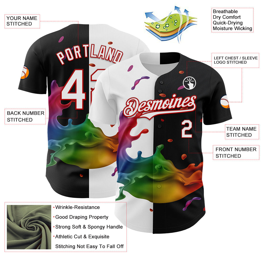 Custom Black White-Red 3D Pattern Design Liquid Splatter Authentic Baseball Jersey view 3