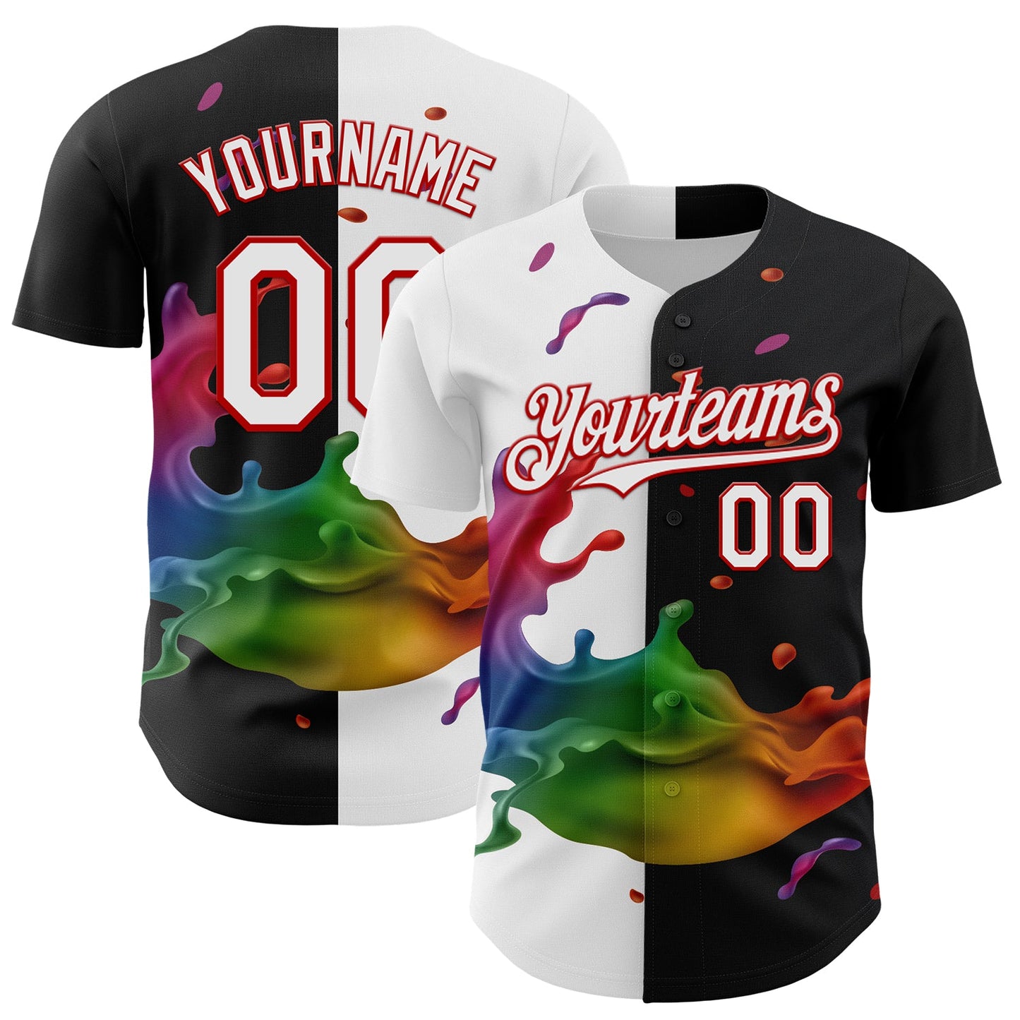 Custom Black White-Red 3D Pattern Design Liquid Splatter Authentic Baseball Jersey - Main View