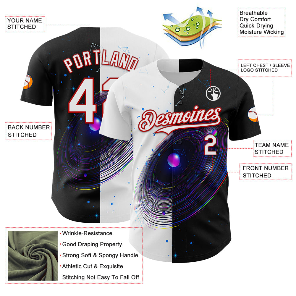Custom Black White-Red 3D Pattern Design Space Galaxy Star Authentic Baseball Jersey view 3