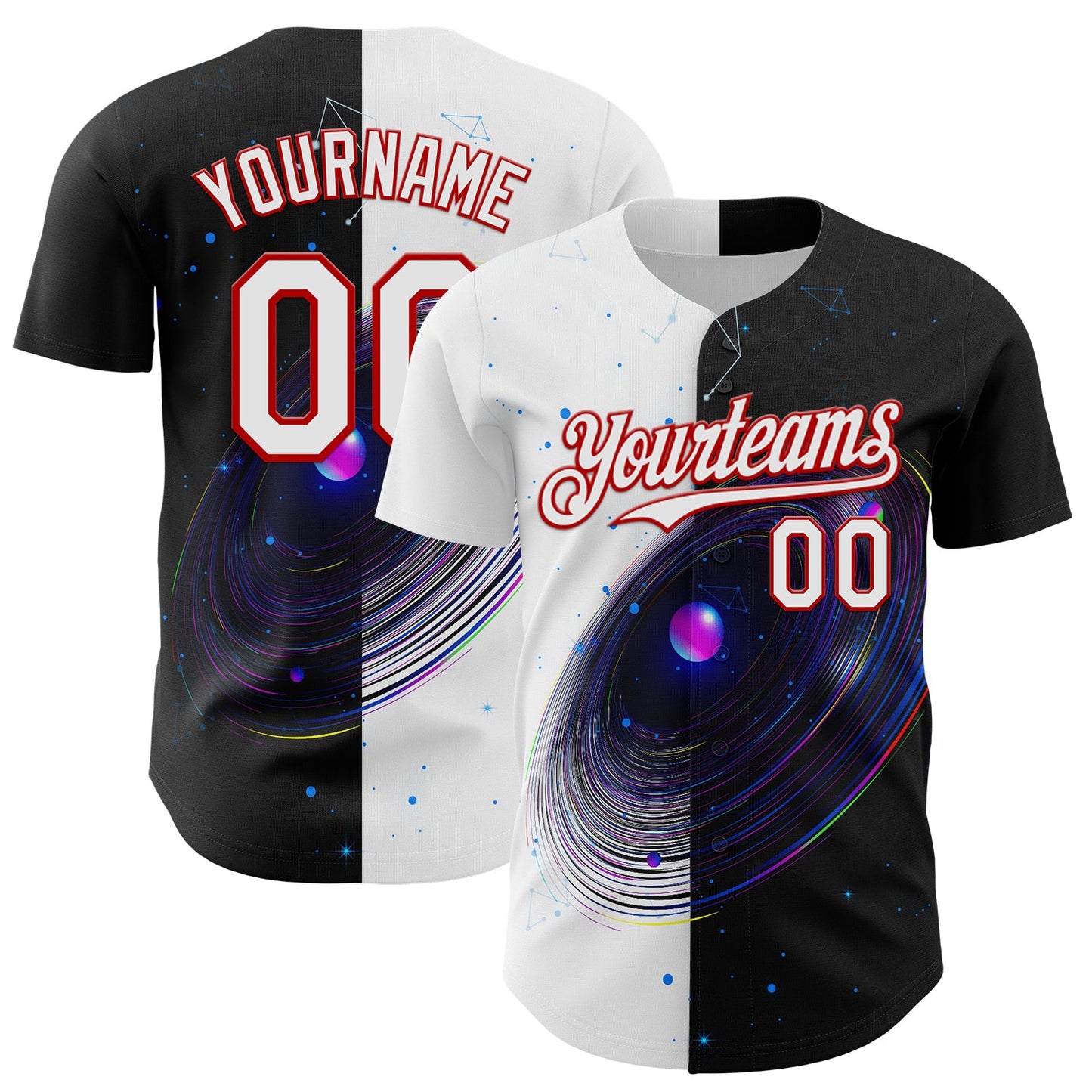 Custom Black White-Red 3D Pattern Design Space Galaxy Star Authentic Baseball Jersey - Main View