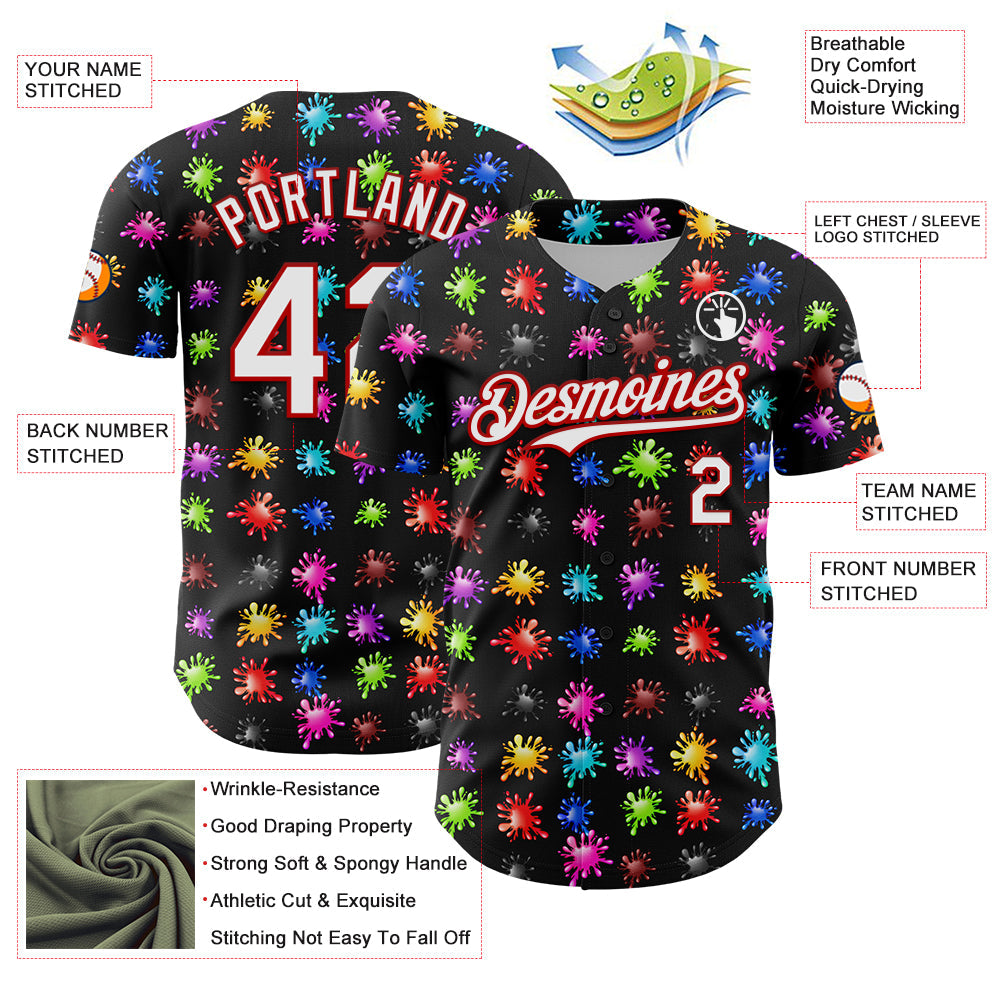 Custom Black White-Red 3D Pattern Design Splash Authentic Baseball Jersey view 3