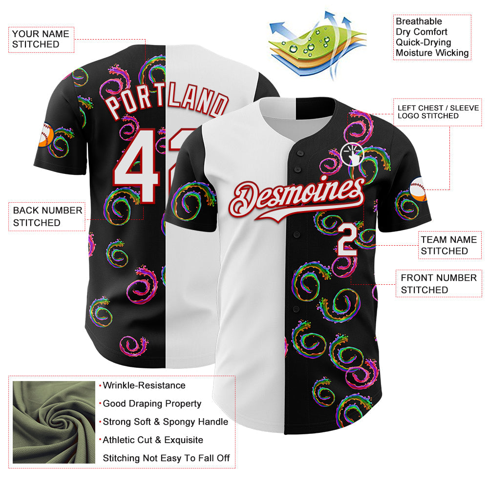 Custom Black White-Red 3D Pattern Design Liquid Splatter Authentic Baseball Jersey view 3