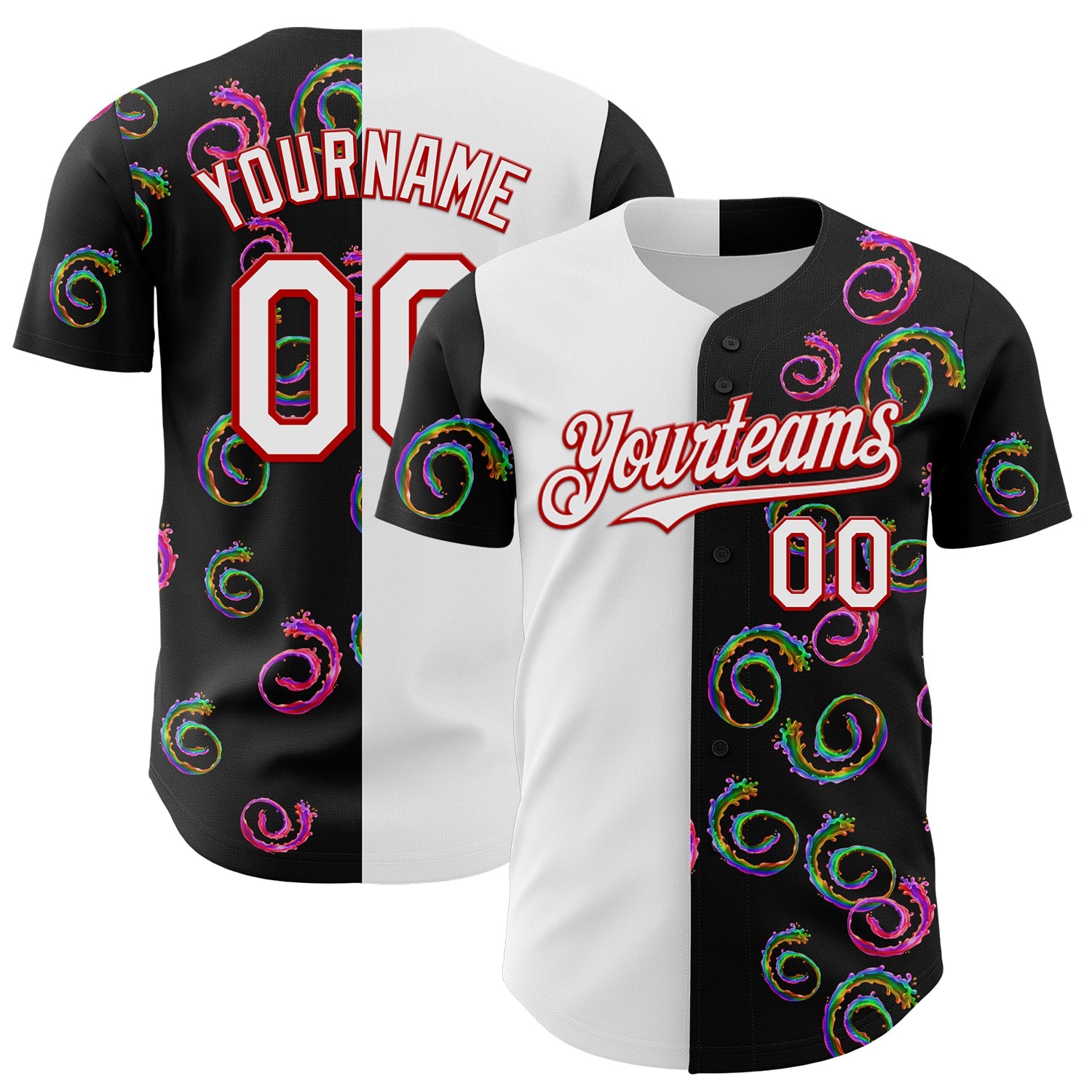 Custom Black White-Red 3D Pattern Design Liquid Splatter Authentic Baseball Jersey - Main View