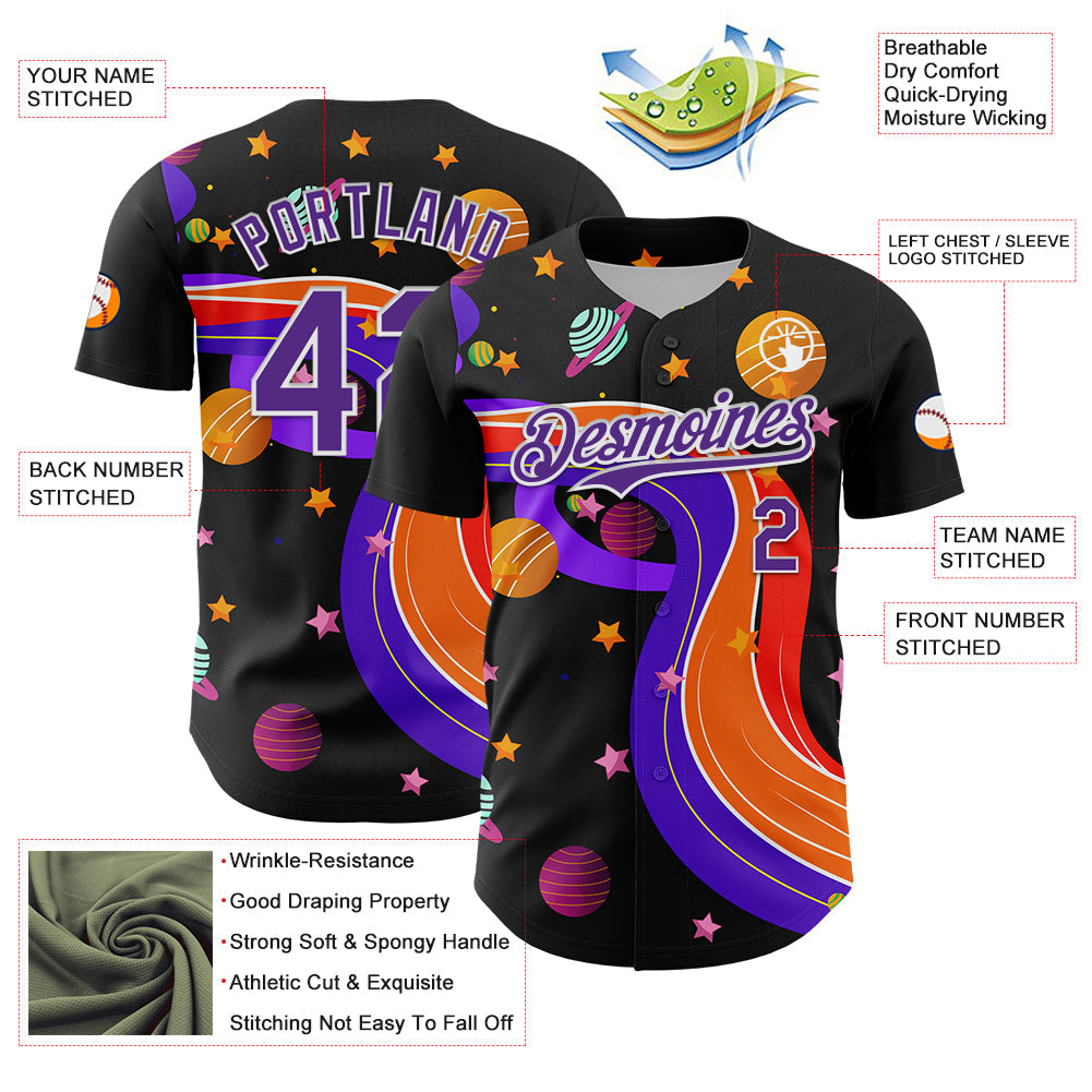 Custom Black Purple-White 3D Pattern Design Space Galaxy Star Authentic Baseball Jersey view 3