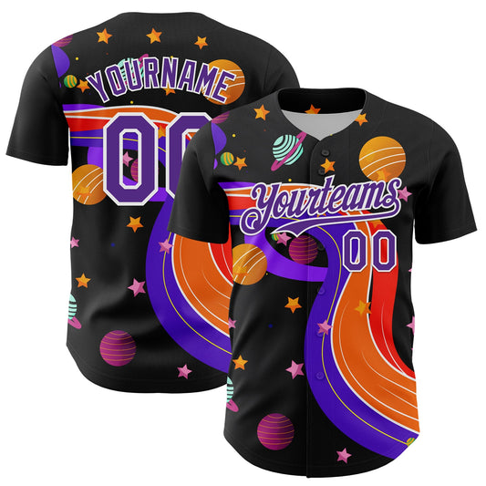 Custom Black Purple-White 3D Pattern Design Space Galaxy Star Authentic Baseball Jersey - Main View