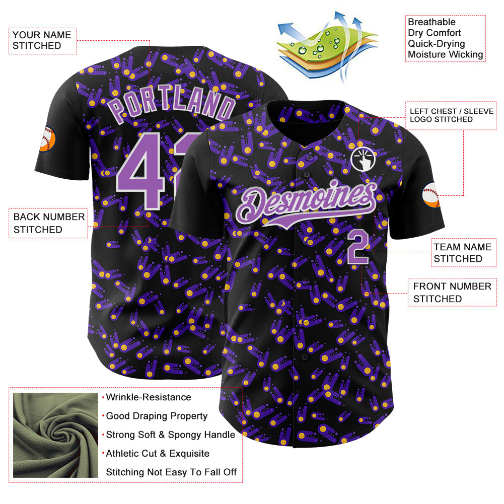 Custom Black Medium Purple-White 3D Pattern Design Galaxy Star Meteor Authentic Baseball Jersey view 3