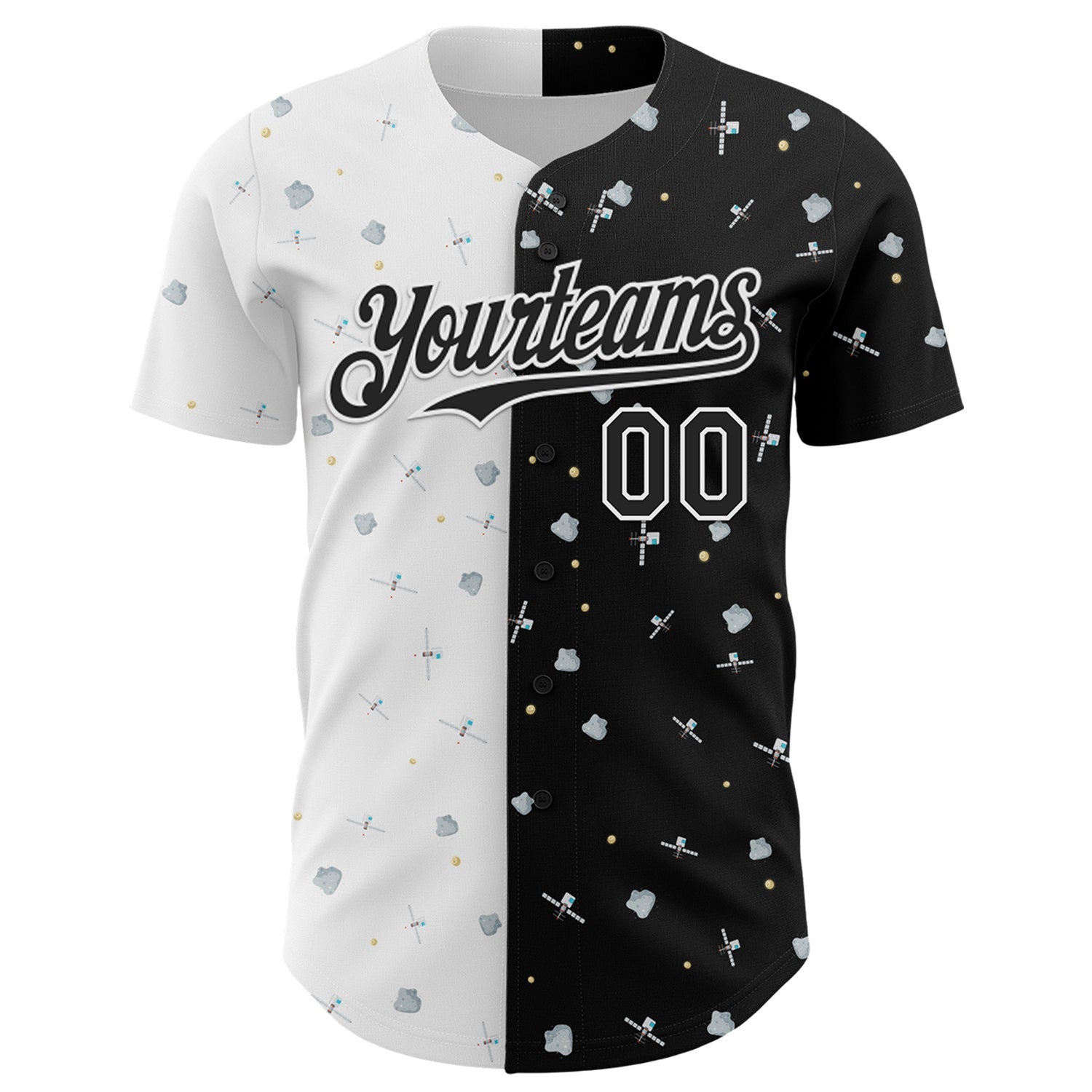 Custom Black White 3D Pattern Design Space Satellite Authentic Baseball Jersey view 2