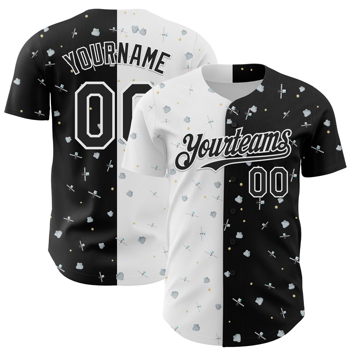 Custom Black White 3D Pattern Design Space Satellite Authentic Baseball Jersey - Main View