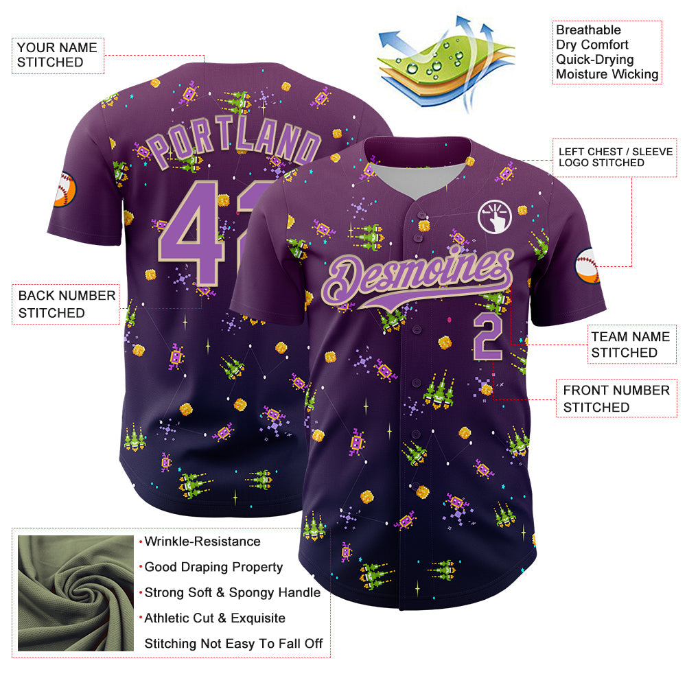 Custom Purple Medium Purple-City Cream 3D Pattern Design Retro Pixel Arcade Game Authentic Baseball Jersey view 3