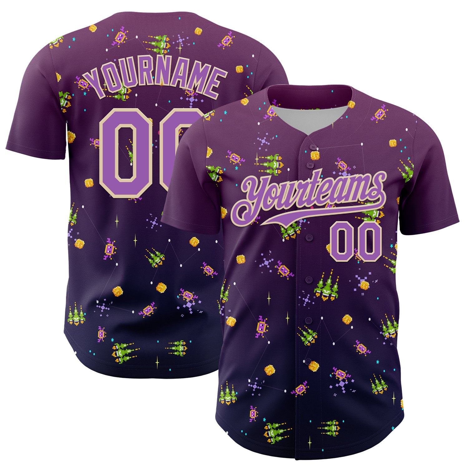 Custom Purple Medium Purple-City Cream 3D Pattern Design Retro Pixel Arcade Game Authentic Baseball Jersey - Main View