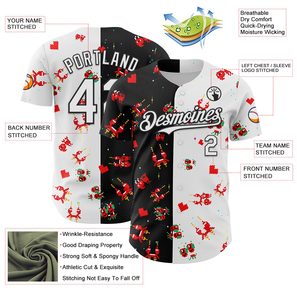 Custom Black White 3D Pattern Design Retro Pixel Arcade Game Authentic Baseball Jersey view 3