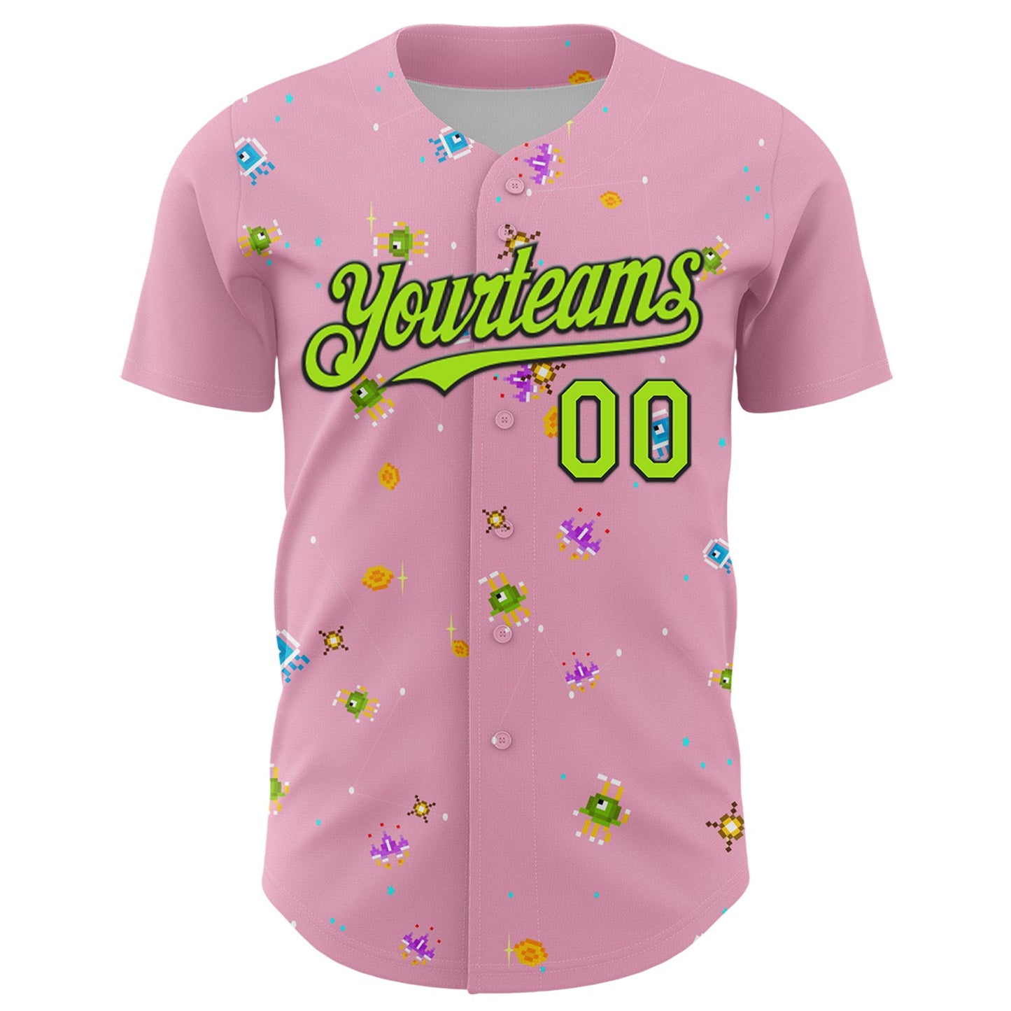 Custom Light Pink Neon Green-Black 3D Pattern Design Retro Pixel Arcade Game Authentic Baseball Jersey view 2