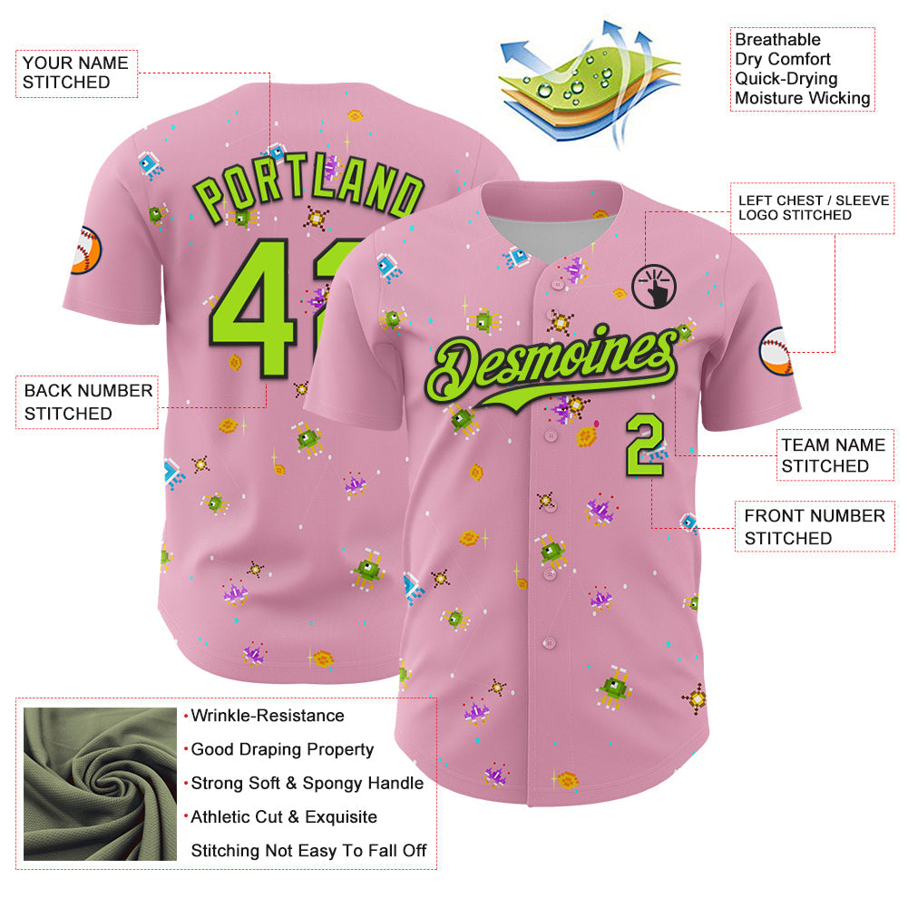 Custom Light Pink Neon Green-Black 3D Pattern Design Retro Pixel Arcade Game Authentic Baseball Jersey view 3