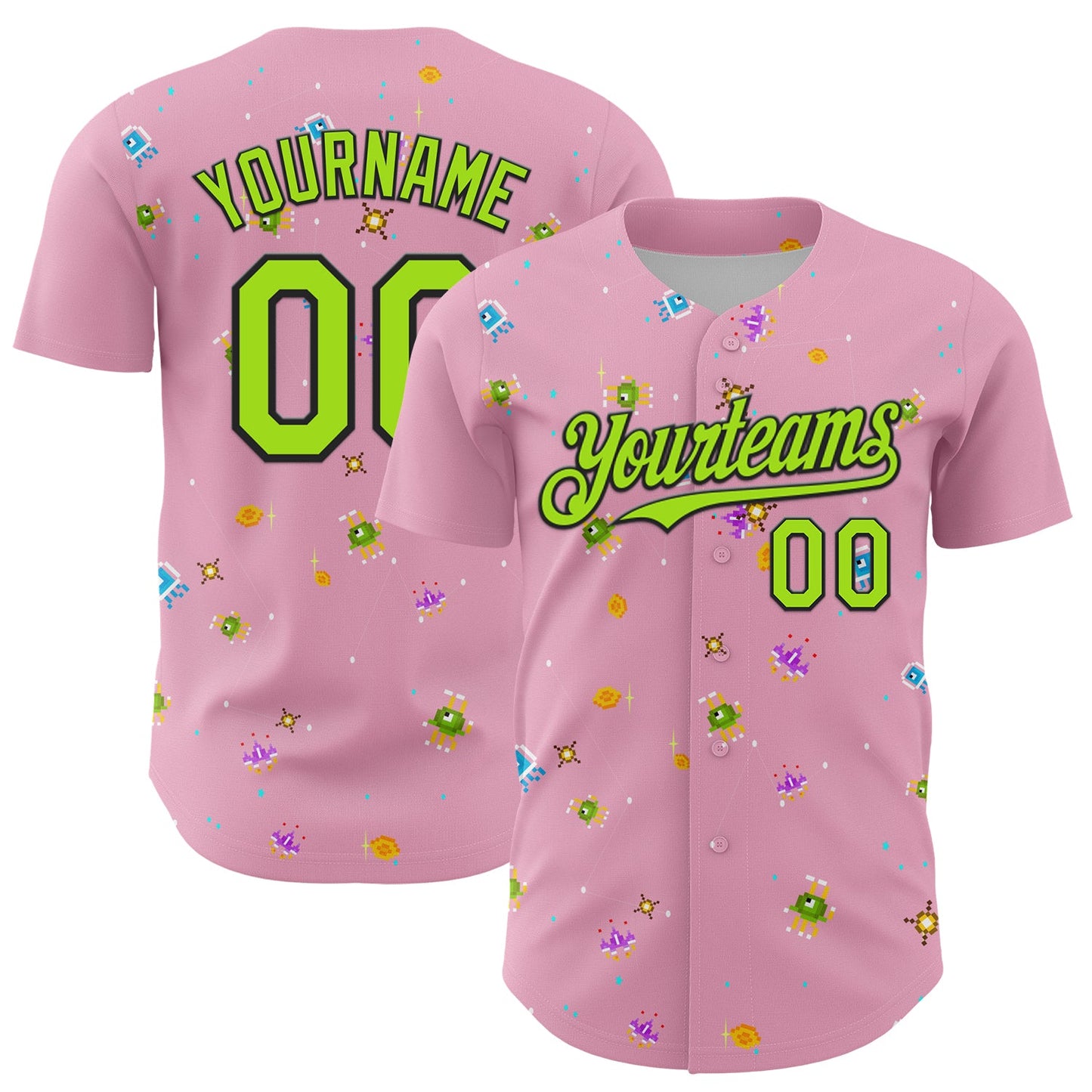 Custom Light Pink Neon Green-Black 3D Pattern Design Retro Pixel Arcade Game Authentic Baseball Jersey - Main View