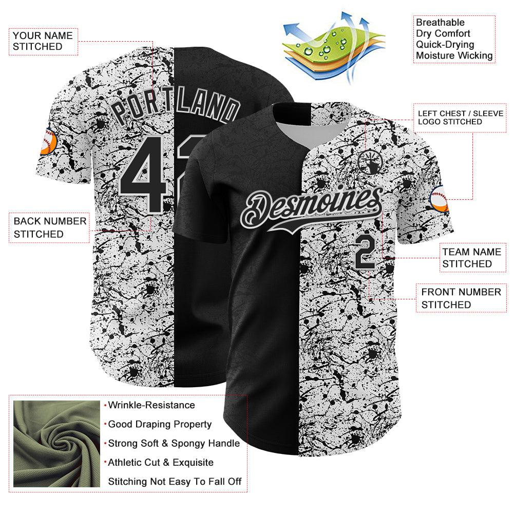 Custom White Black 3D Pattern Design Graffiti Splash Ink Authentic Baseball Jersey view 3