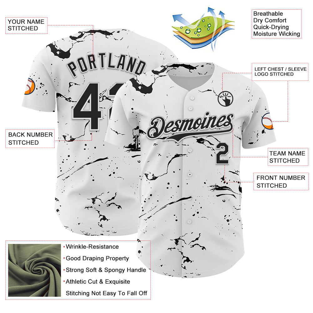Custom White Black 3D Pattern Design Graffiti Splash Ink Authentic Baseball Jersey view 3