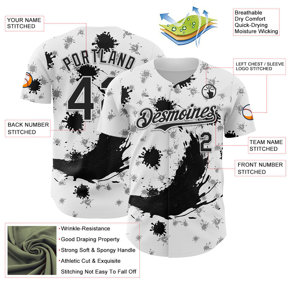 Custom White Black 3D Pattern Design Graffiti Splash Ink Authentic Baseball Jersey view 3