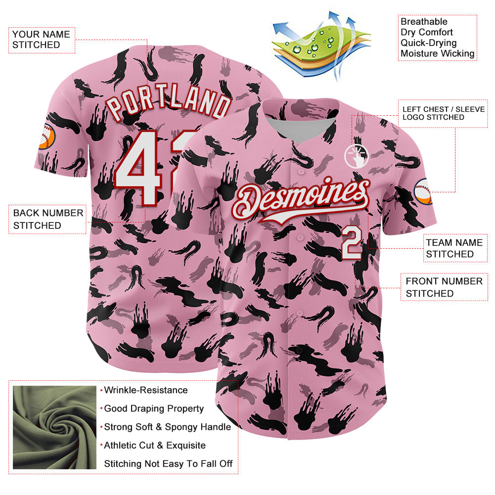Custom Light Pink White-Red 3D Pattern Design Graffiti Ink Brush Stroke Authentic Baseball Jersey view 3