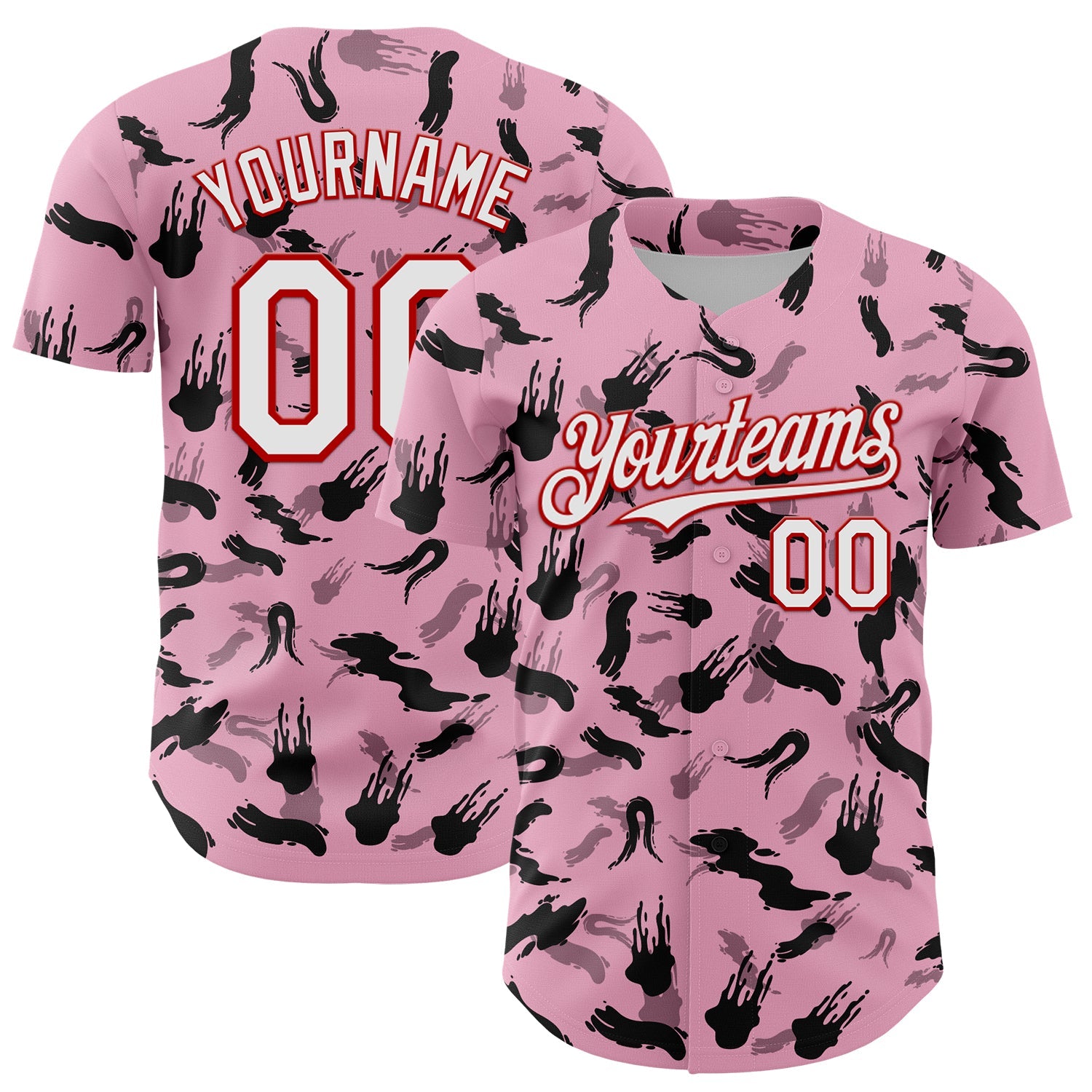 Custom Light Pink White-Red 3D Pattern Design Graffiti Ink Brush Stroke Authentic Baseball Jersey - Main View
