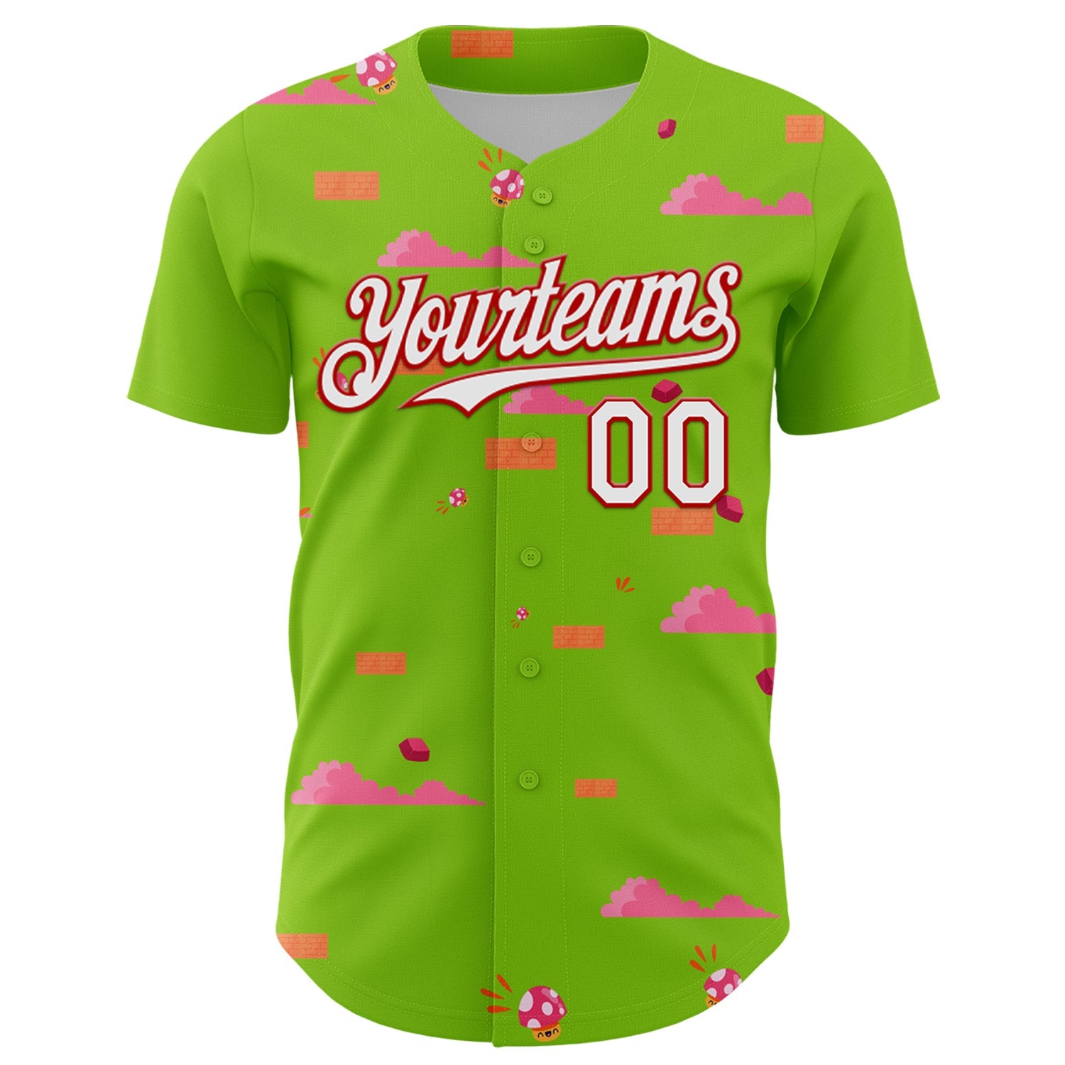 Custom Neon Green White-Red 3D Pattern Design Retro Pixel Arcade Game Authentic Baseball Jersey view 2