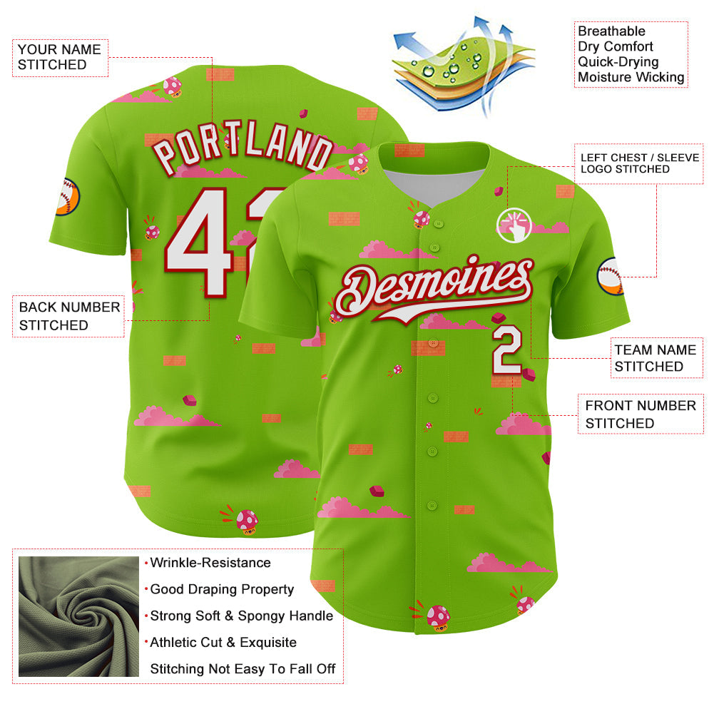 Custom Neon Green White-Red 3D Pattern Design Retro Pixel Arcade Game Authentic Baseball Jersey view 3