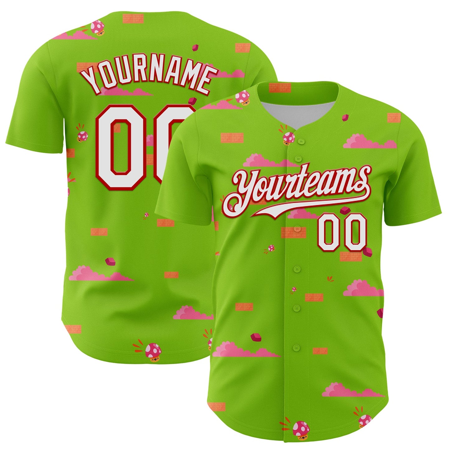 Custom Neon Green White-Red 3D Pattern Design Retro Pixel Arcade Game Authentic Baseball Jersey - Main View