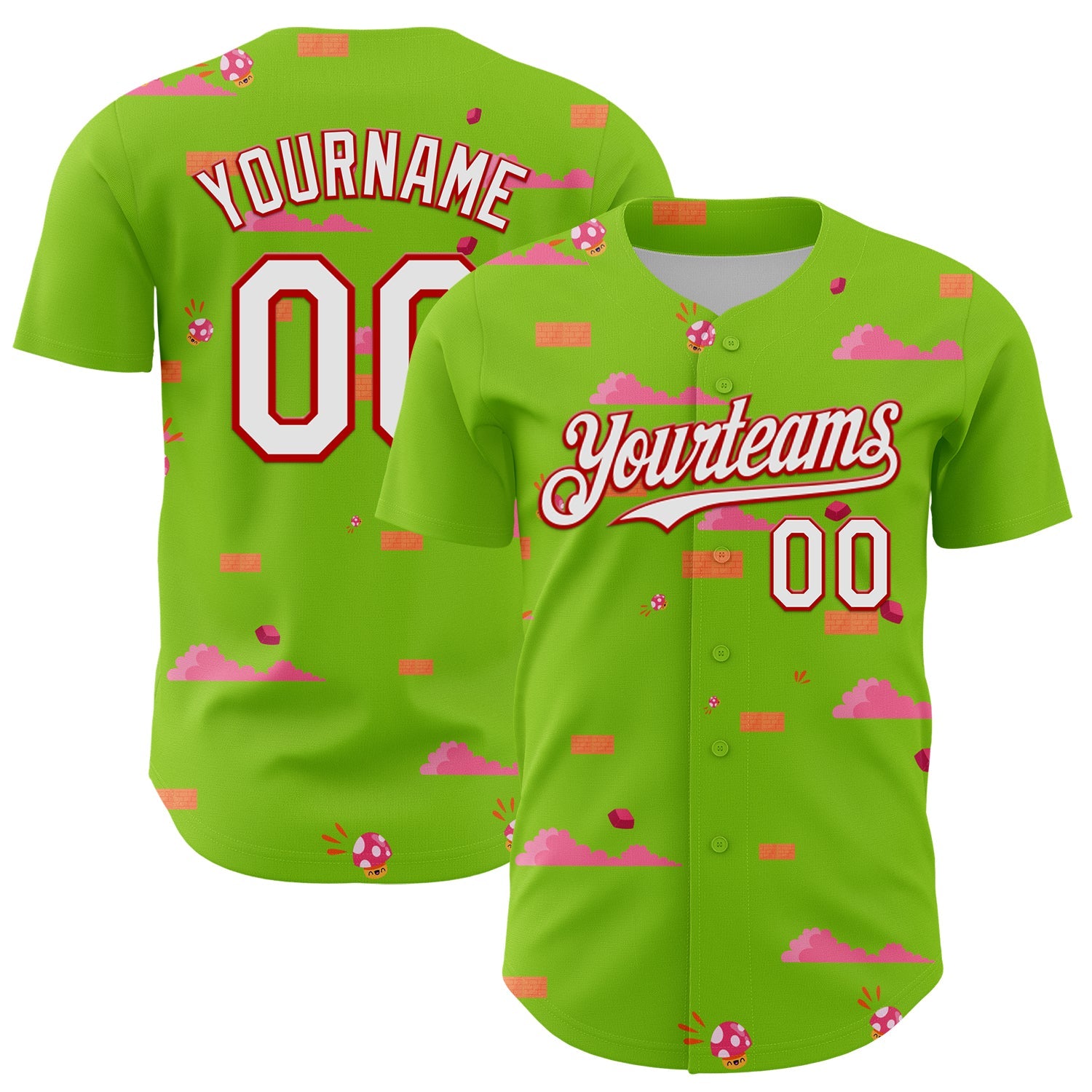 Custom Neon Green White-Red 3D Pattern Design Retro Pixel Arcade Game Authentic Baseball Jersey - Main View