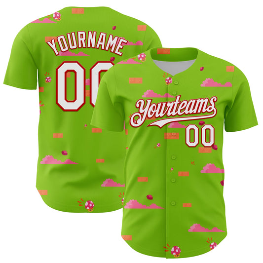 Custom Neon Green White-Red 3D Pattern Design Retro Pixel Arcade Game Authentic Baseball Jersey - Main View