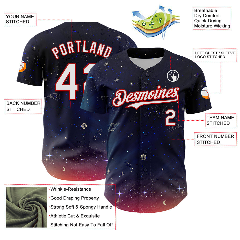 Custom Navy White-Red 3D Pattern Design Space Galaxy Star Authentic Baseball Jersey view 3