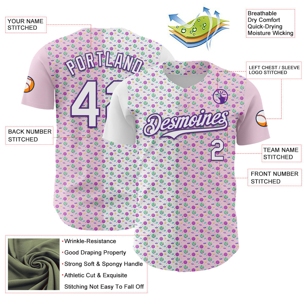 Custom Light Pink White-Purple 3D Pattern Design Pixel Universe Authentic Baseball Jersey view 3
