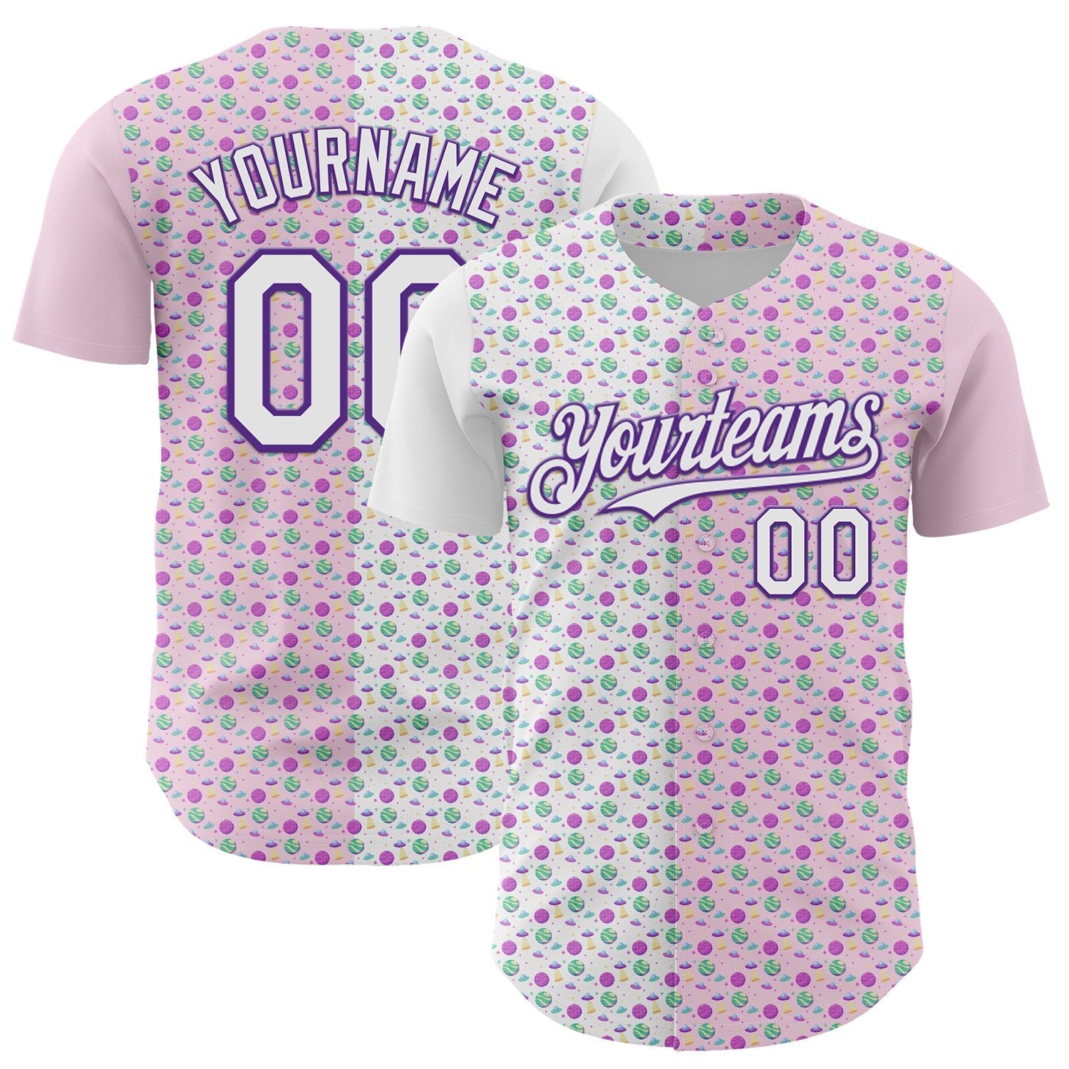 Custom Light Pink White-Purple 3D Pattern Design Pixel Universe Authentic Baseball Jersey - Main View