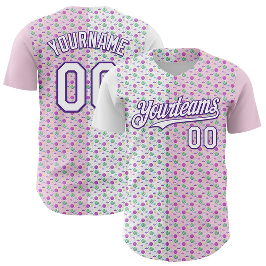 Custom Light Pink White-Purple 3D Pattern Design Pixel Universe Authentic Baseball Jersey - Main View