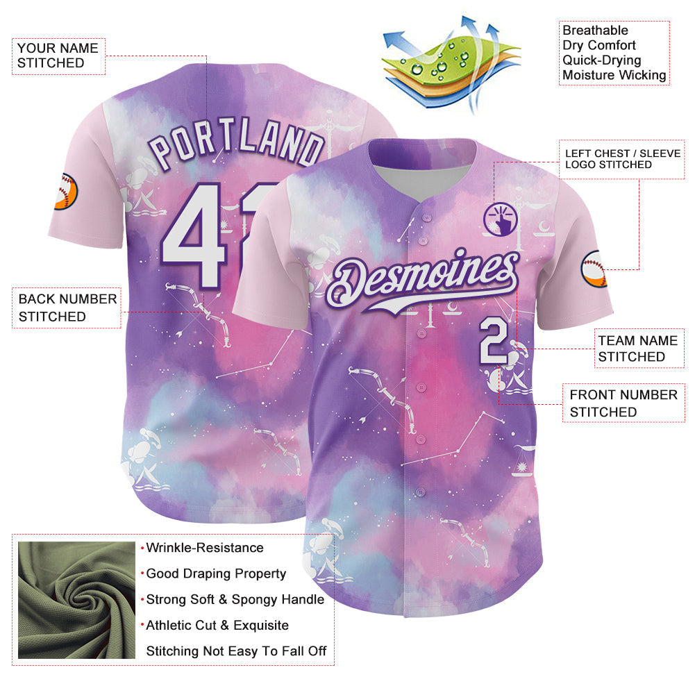 Custom Purple White 3D Pattern Design Constellation Space Galaxy Star Authentic Baseball Jersey view 3