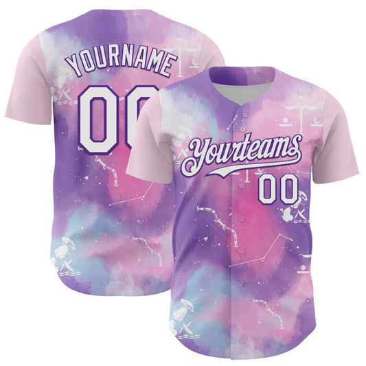 Custom Purple White 3D Pattern Design Constellation Space Galaxy Star Authentic Baseball Jersey - Main View