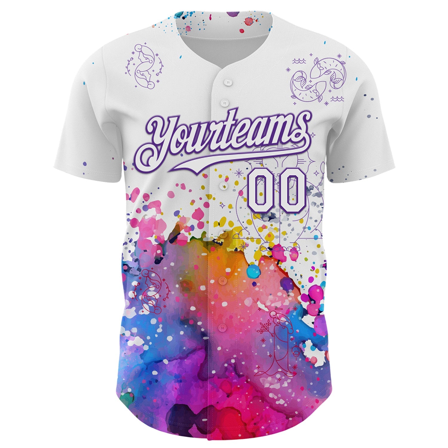 Custom White Purple 3D Pattern Design Graffiti Splash And Constellation Space Galaxy Star Authentic Baseball Jersey view 2