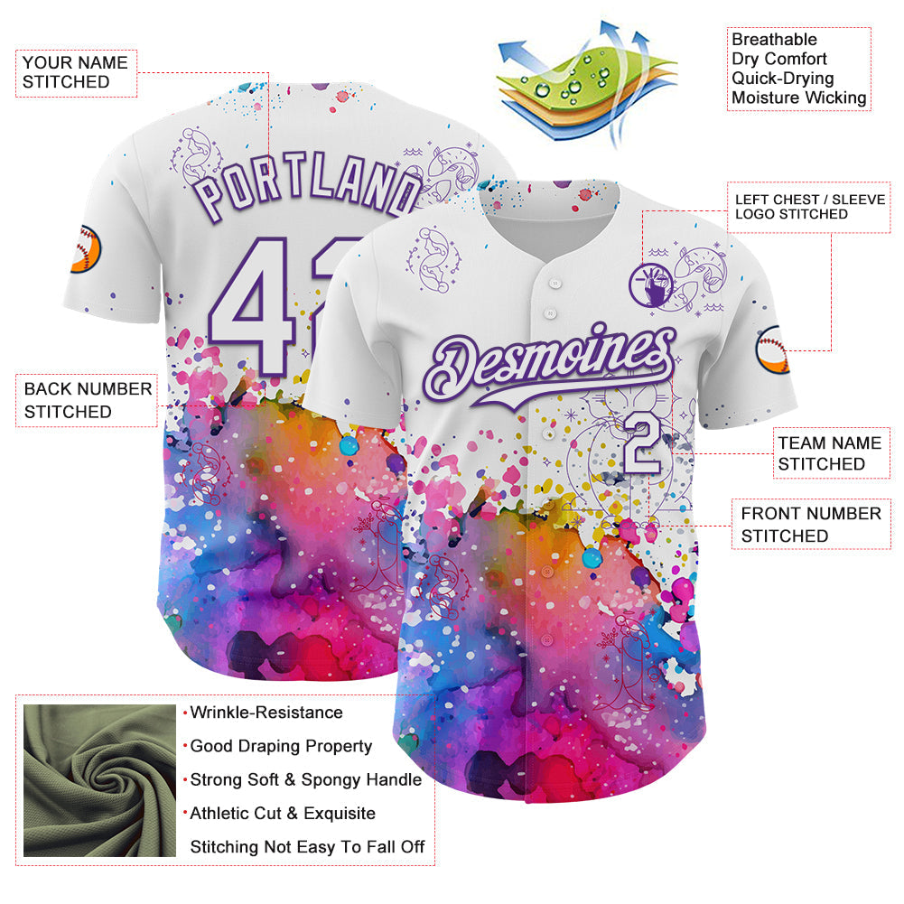 Custom White Purple 3D Pattern Design Graffiti Splash And Constellation Space Galaxy Star Authentic Baseball Jersey view 3