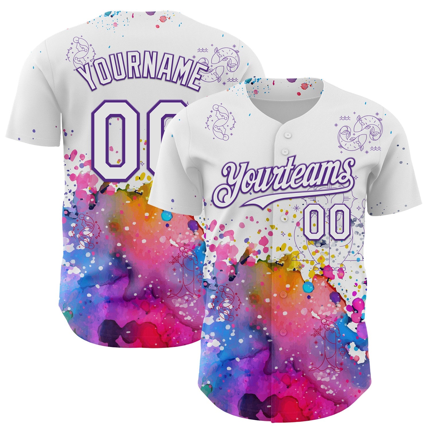 Custom White Purple 3D Pattern Design Graffiti Splash And Constellation Space Galaxy Star Authentic Baseball Jersey - Main View