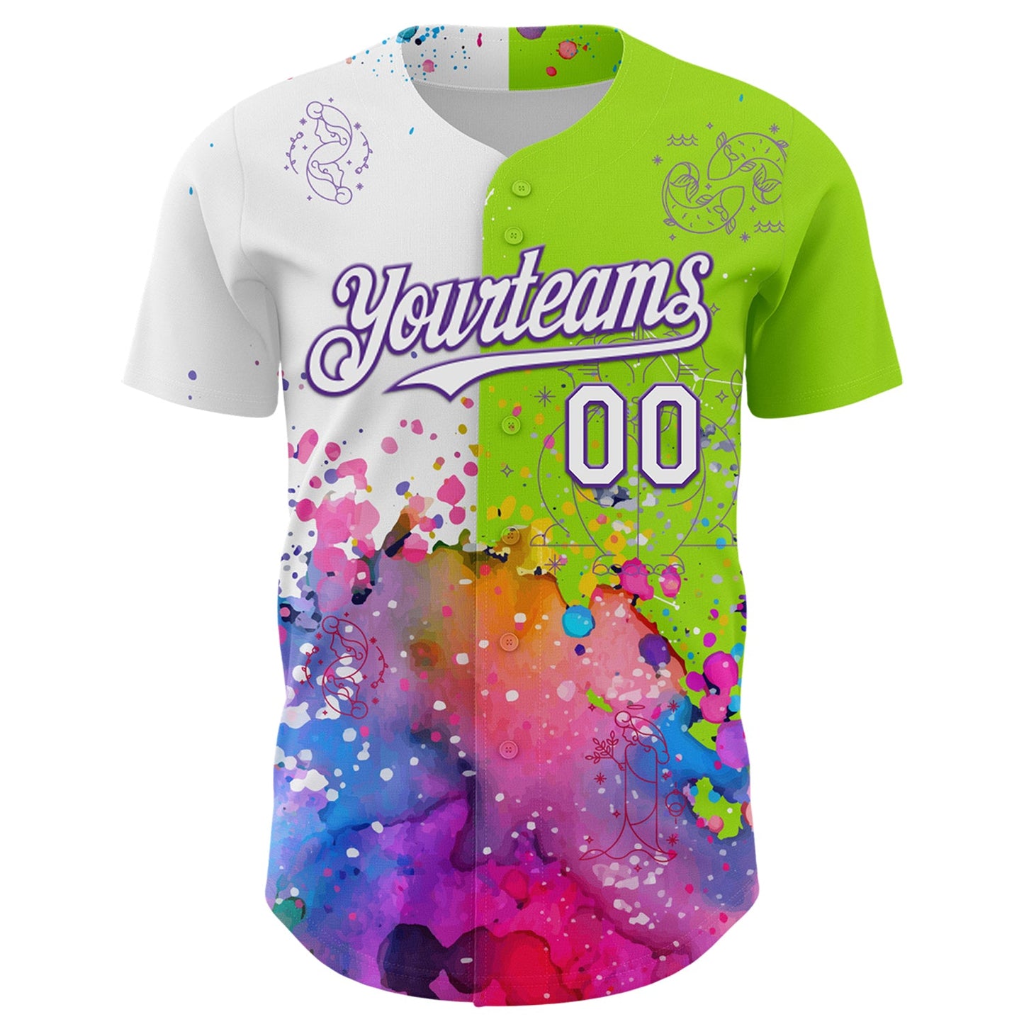 Custom Neon Green White-Purple 3D Pattern Design Graffiti Splash And Constellation Space Galaxy Star Authentic Baseball Jersey view 2