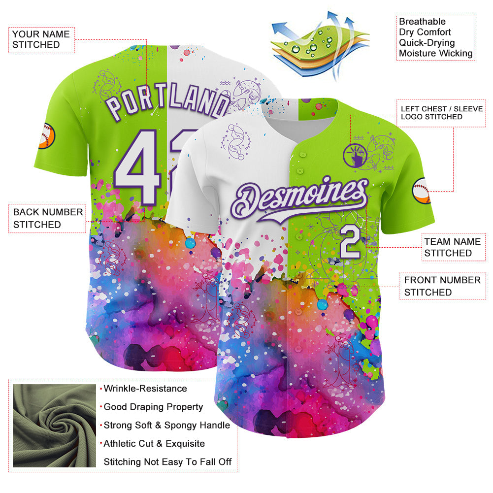 Custom Neon Green White-Purple 3D Pattern Design Graffiti Splash And Constellation Space Galaxy Star Authentic Baseball Jersey view 3