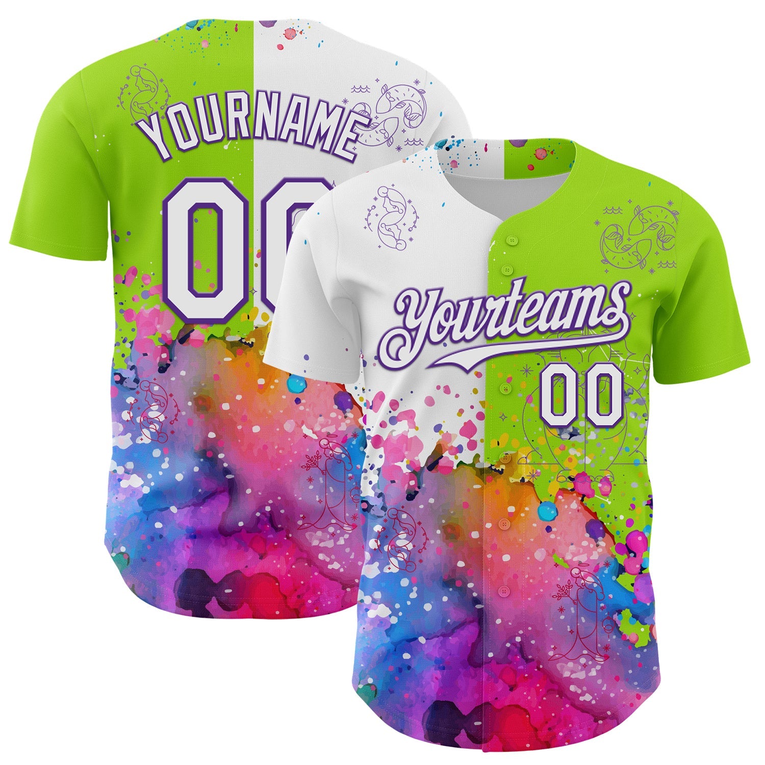 Custom Neon Green White-Purple 3D Pattern Design Graffiti Splash And Constellation Space Galaxy Star Authentic Baseball Jersey - Main View