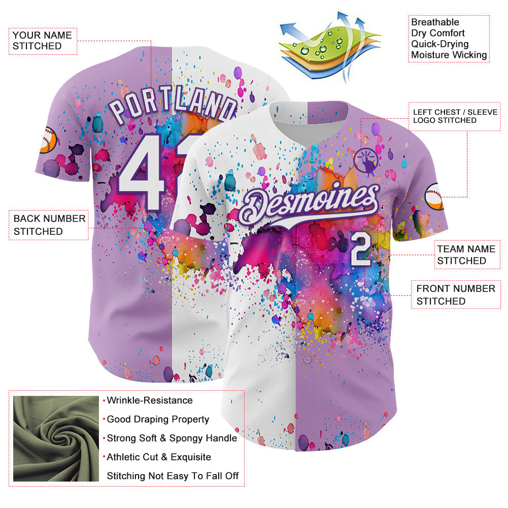 Custom Light Purple White-Purple 3D Pattern Design Graffiti Splash Authentic Baseball Jersey view 3