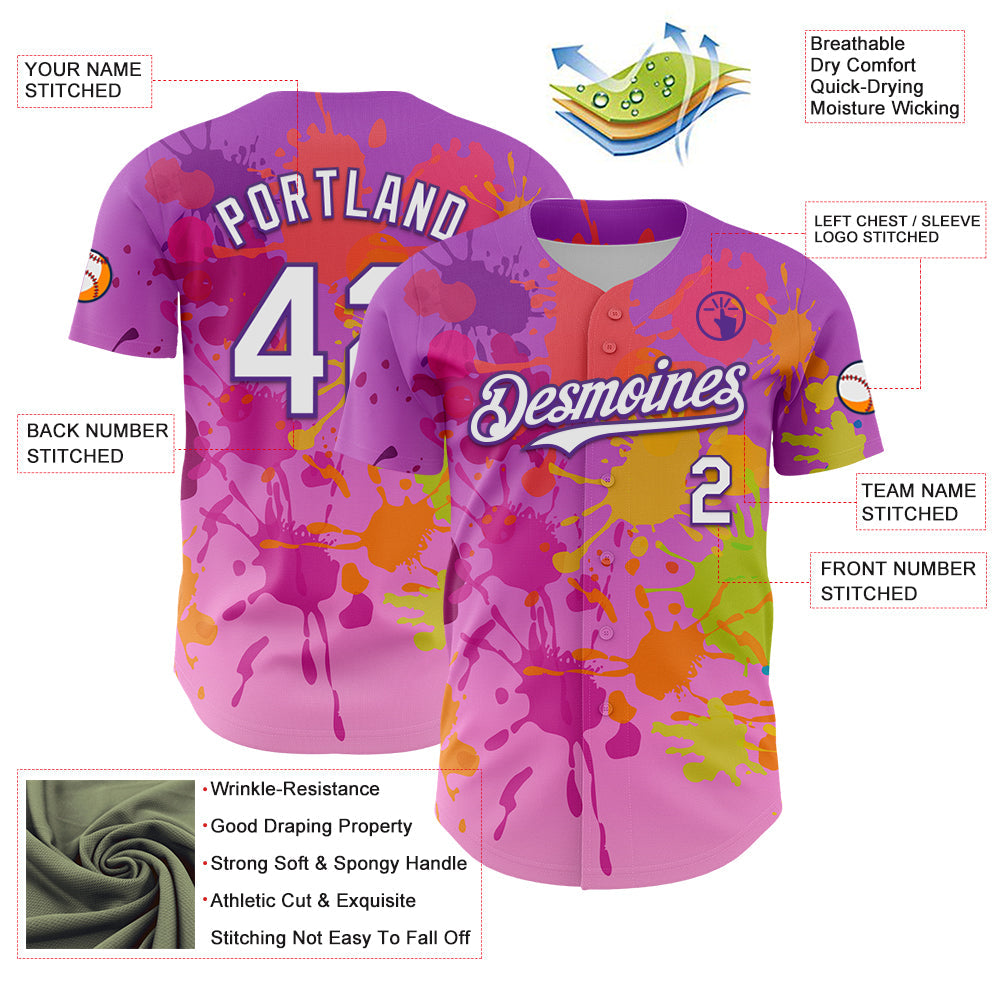 Custom Purple White 3D Pattern Design Graffiti Splash Authentic Baseball Jersey view 3