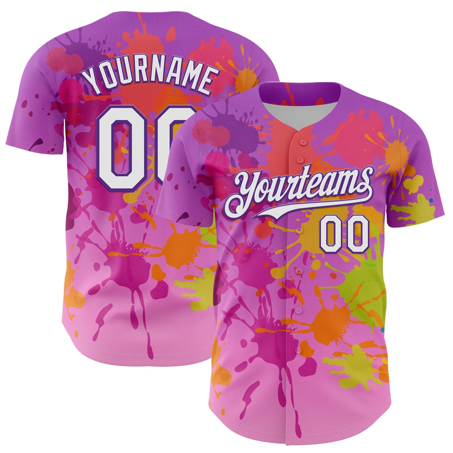 Custom Purple White 3D Pattern Design Graffiti Splash Authentic Baseball Jersey - Main View