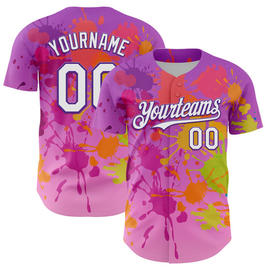 Custom Purple White 3D Pattern Design Graffiti Splash Authentic Baseball Jersey - Main View